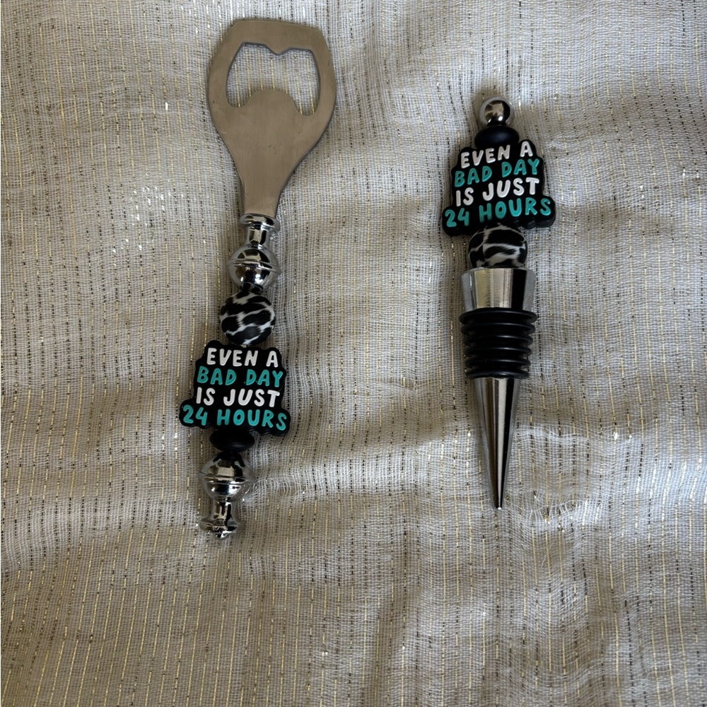 Silver and Black Bottle Opener and Stopper Set